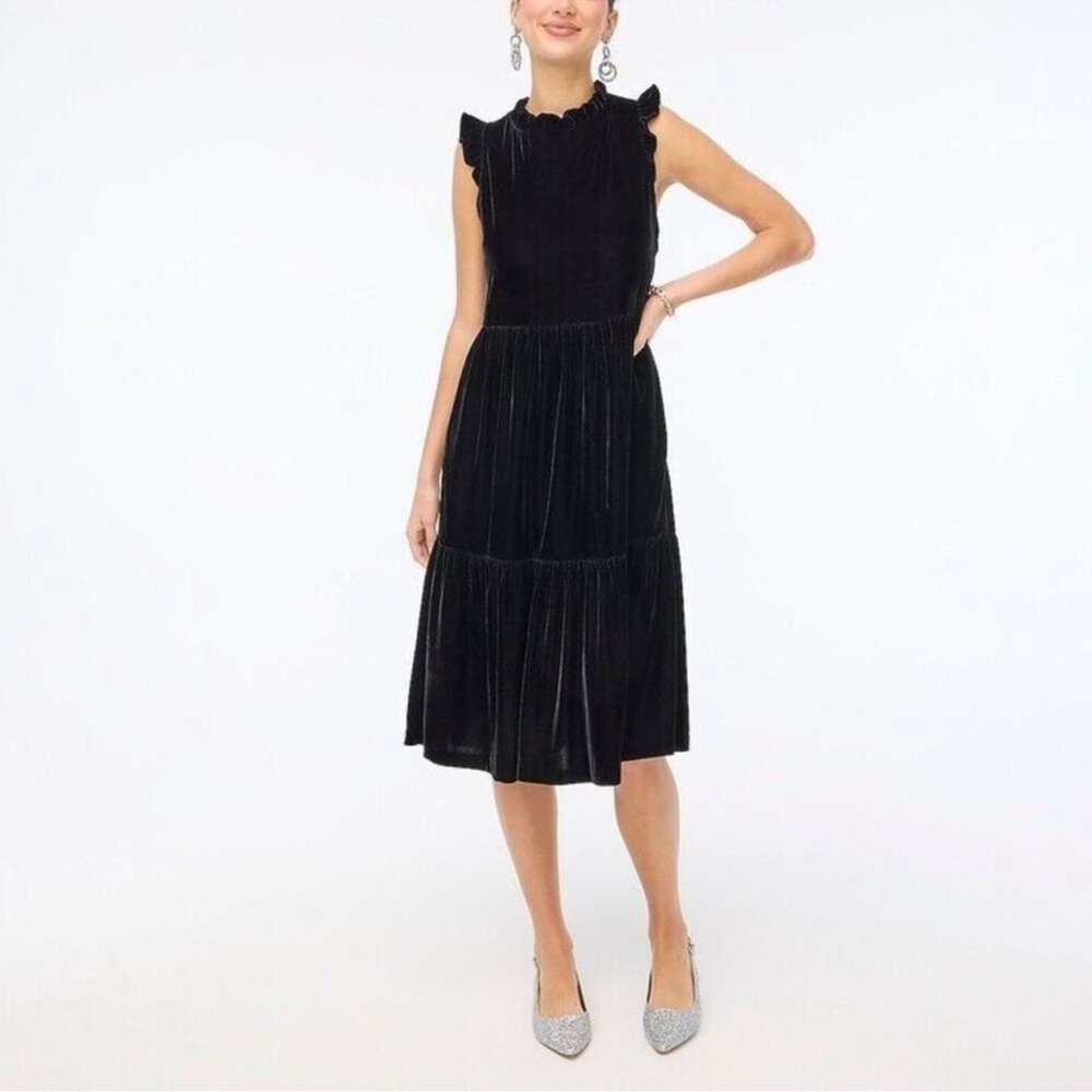 Jcrew stretch velvet tiered ruffle trim midi dress